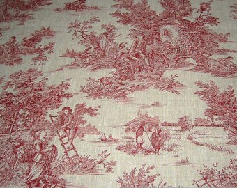 Fabric pure linen nature Toile de Jouy red classic