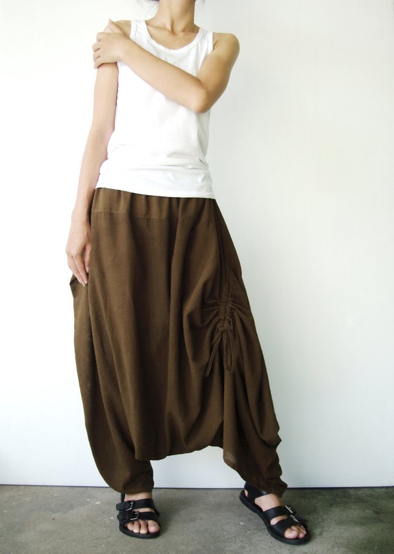 NO.26 Greenish Brown Cotton Asymmetric Harem Pants