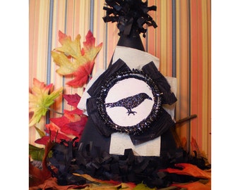 Black crow raven silhouette party hat Halloween decoration old fashioned retro vintage style Autumn home decor