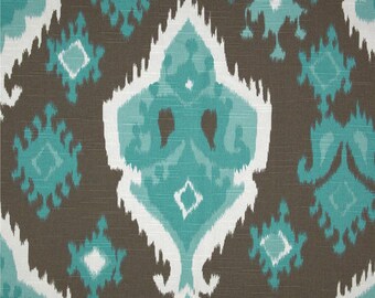 Designer fabric shower curtain, ikat spirit brown, aqua, white, cotton 72" x 72", 72 x 84, 72 x 90, 108