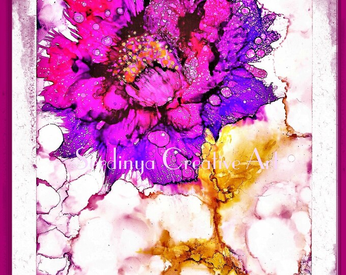 Colourful abstract purple flower. Blank original hand painted greetings art card. Wall art print. A4, A3. Alcohol ink artwork.