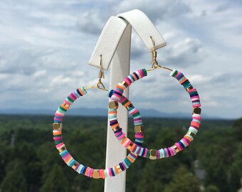 2 inch Hoop Earrings/ Polymer Clay Beads/ Colorful Earrings/ Gold Hoop Earrings/ Summer Earrings