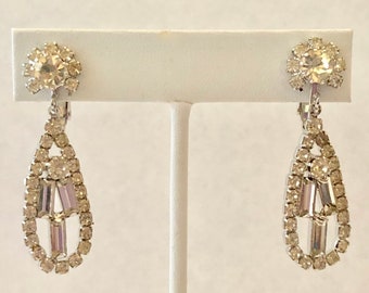 Vintage Clear Rhinestone Long Dangle ~ Clip-On Earrings FREE SHIPPING