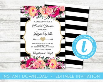 EDIT YOURSELF, Kate Bridal Shower Invitation, Black White Striped Invitation, Black and Pink Invitation, Spade Shower Gold Floral Templett