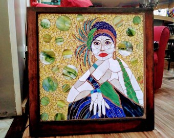 Stained glass mosaic flapper girl wall hanging on repurposed window