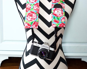 DSLR Camera Strap Cover- lens cap pocket and padding included- Pink Bloom