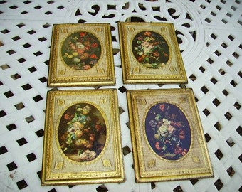 Vintage italian Florentine Gilt Wood Wall Plaques Set of 4 Made in italy