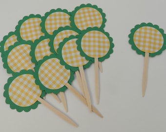 Cupcake Toppers Green and Yellow Gingham and Scalloped