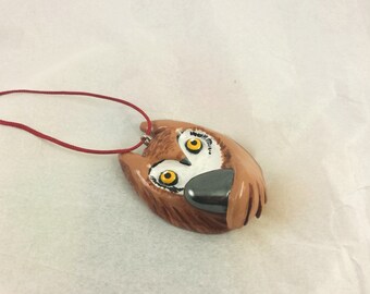 Owl pendant charm hematite gemstone jewelry white brown barn owl