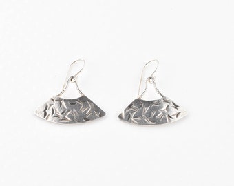 Sterling Silver Fan Shaped Earrings, Textured Silver Earrings, Dangle Earrings