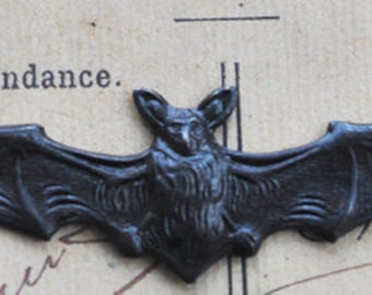 Bat brass stamping with long wing span, gothic jewelry, black satin finish, Gothic Jewelry Supplies