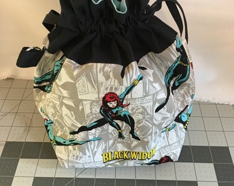 MARVEL SUPERHEROES medium fully-lined cotton drawstring knitting project bag or dice bag