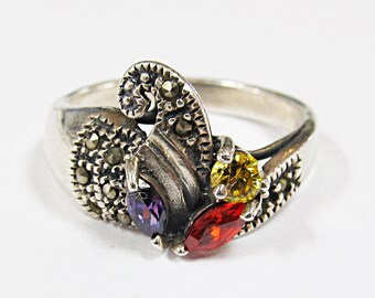 Vintage Sterling Silver Colored Stone & Marcasite Ring