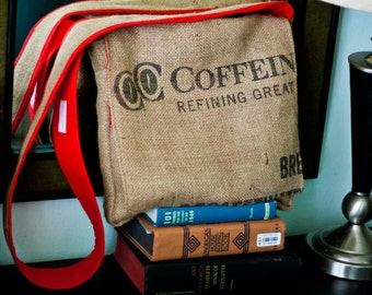 Repurposed Jute Coffee Sack Messenger Bag - "Coffein" by FanGirl. SuperHero.