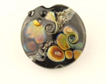 Lampwork Bead, Glass Lentil Focal, Black, Ivory, Silver, Purple, Blue