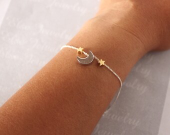 MOON STAR Bracelet - Gold Silver Moon Star, Add more Stars.Crescent Moon Star Bracelet,new moon bracelet,minimalist jewelry,dainty simple.
