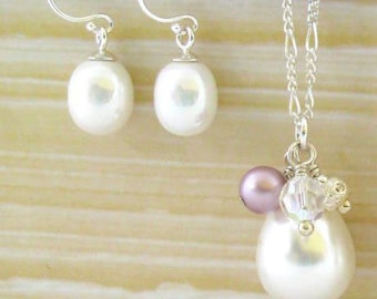 Sterling Silver Pearl Teardrop Necklace with Swarovski Crystals and Freshwater Pearl Earrings