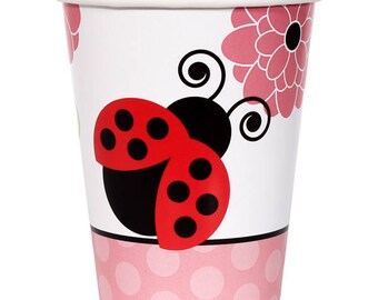 Ladybug Party Paper Cups/ Ladybug Birthday, Baby Shower, 1st Birthday/ Ladybugs and Flowers/ Ladybirds/ 8 Count - 9 oz.