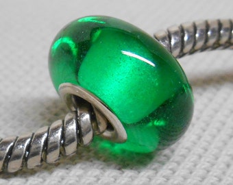 Transparent Green Lampwork Bead, Silver Cored Large Hole Handmade Lampwork Bead