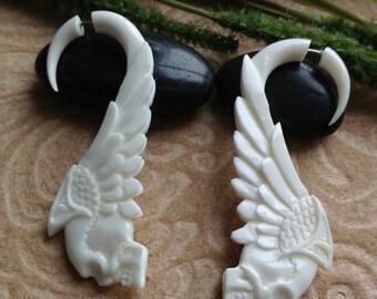 Fake Gauge Earrings, "Tribal Skull" Naturally Organic, Bone, Hand Carved