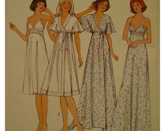 Shoestring Strap Nightgown Pattern, Wrap Robe, Empire Waist, Bra Bodice, Flared Skirt, Lace Trim, 70s, Style No. 1906 Size 16 Bust 38"97cm