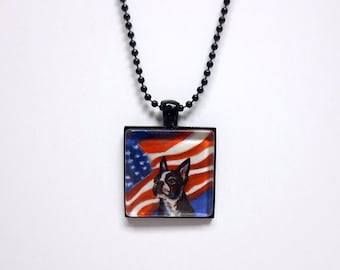 Boston Terrier American Flag painting Art Glass Tile Pendant Necklace