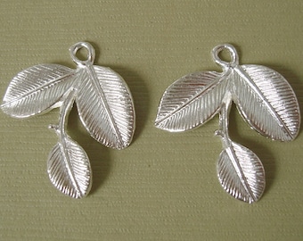 10pcs-Branch Leaf Charm Pendant Connector Sterling Silver Plated.