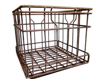 Vintage METAL MILK CRATE / Wire Dairy Bottle Carrier Crate