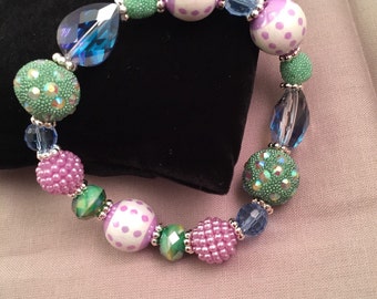 Beaded Bracelet, Bracelet, Statement Bracelet, Stretch Bracelet, Chunky Bracelet, Teal Purple White Beaded Bracelet, Easter Bracelet