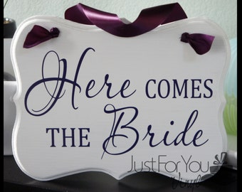 Here Comes The Bride Sign With Matching Ribbon - Perfect To Announce The Arrival Of The Bride And Customized For You - 9" High x 11" Wide