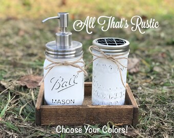 Stainless Steel Soap Dispenser, Bathroom Decor, Soap Dispenser, Mason Jar Decor, Toothbrush Holder, Mason Jar Bathroom Decor, Rustic Decor