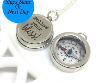 Engraved Compass Necklace, Silver Compass Necklace, Engraved Compass, Silver Compass, Follow Your Bliss, Custom Compass, Customized Compass