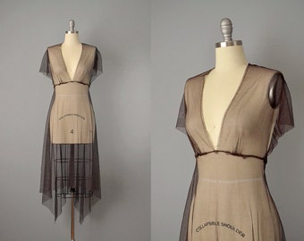 90s Dress // 1990’s Chocolate Brown Net Asymmetrical Dress // S-M