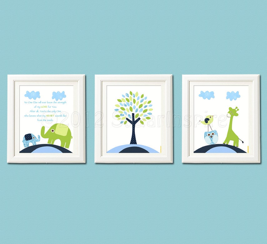 Navy blue and green Nursery Art Print Set Children Wall