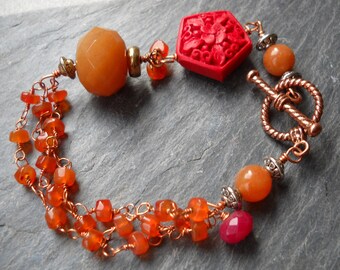 Carnelian, Cinnabar copper, and red jade bracelet with copper togle clasp