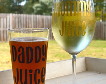 Mommy Juice and Daddy Juice set, mommy wine glass, daddy beer glass, new mom gift, new dad gift, new parent gift, mothers day gift, gag gift