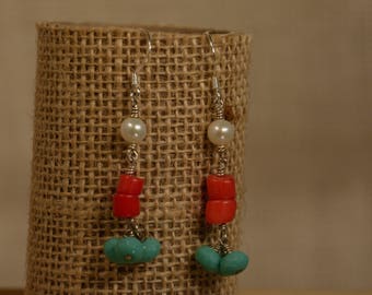 Sterling Silver Coral and Turquoise Earring