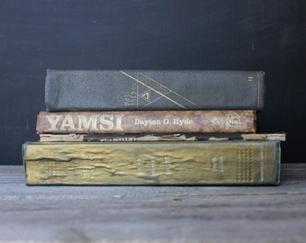 Set of 4 worn books, Vintage book stack set, Earthy tone book set, Worn antique books for shelf, Stack of old books, Neutral color books