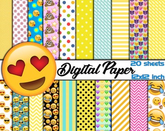 20 Emoji DIGITAL Paper-Smiley Face Scrapbooking Paper-Emoji Collection Party Decor-Printable Emoji Sheet-Emoji Paper Decoration-Yellow Paper