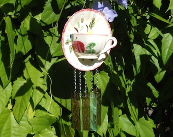 Blue Ridge Pottery Tea Cup and Saucer Wind Chime, Glass Garden Art with stained glass chimes, glass yard art, Unique gift idea, gift for her