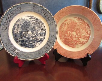 Currier and Ives, Old Grist Mill, Currier and Ives Set, Set Vintage Plate, Blue and White Plate, Set of 2 Currier and Ives