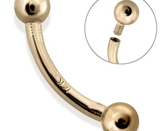 14K Real Gold (Nickel free) Internally Threaded Curved Barbell, 5/32"(4mm) Ball