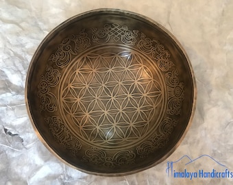 8" Tibetan Singing Bowl Made in Nepal - Flower of Life Bowl Mantra Carved Singing Bowl with free Cushion and Mallet