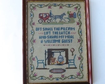 Vintage Needlepoint Hearth and Home Scene Framed Needlepoint Oft Shall the Pilgrim