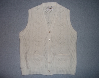 Grandmas Vintage 1970s 1980s 70s 80s Cream Sweater Vest w/ Pockets Button Up Tacky Gaudy Ugly Christmas Party X-Mas S Small M Medium