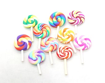 5 Pcs Rainbow Swirl Lollipop Clay Cabochons Flatback Cabochons Mixed Colors 27x46mm