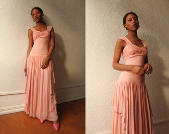 Vintage 1930s Light Pink Chiffon Overlay Drop Waist Dress with Ruched Bust size Extra Small Small