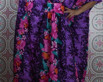 80's Hawaiian Caftan Dress, Purple Tropical Floral Maxi, Oversized One Size Fits All