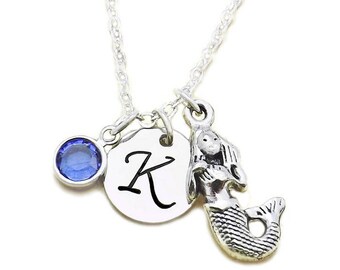Mermaid Initial Birthstone Necklace, Mermaid Necklace, Mermaid Charm Necklace, Mermaid Goddess Necklace with Swarovski Crystal Birthstone