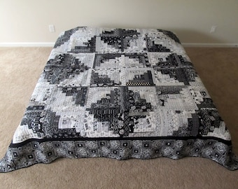 MADE TO ORDER Black & White Star Log Cabin Queen-Sized Bed Quilt